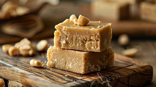 Two peanut butter fudge squares sit on a wooden cutting board