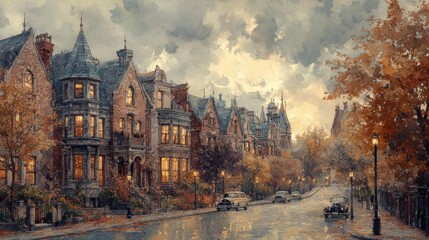 Fototapeta premium Vintage European Townhouses on a Cloudy Autumn Day Generative AI