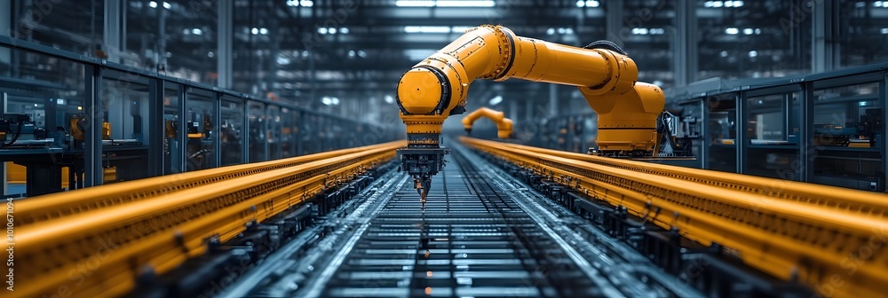 Fototapete Automated robotic arm manipulator moving on conveyor belt in a highly efficient and modern industrial factory setting.