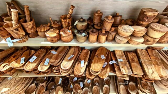 Olivewood hand carved into bowls, platters, and other souvenirs at a Greek market - panning reveal