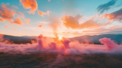 Colorful Smoke at Sunset Over Mountain Landscape