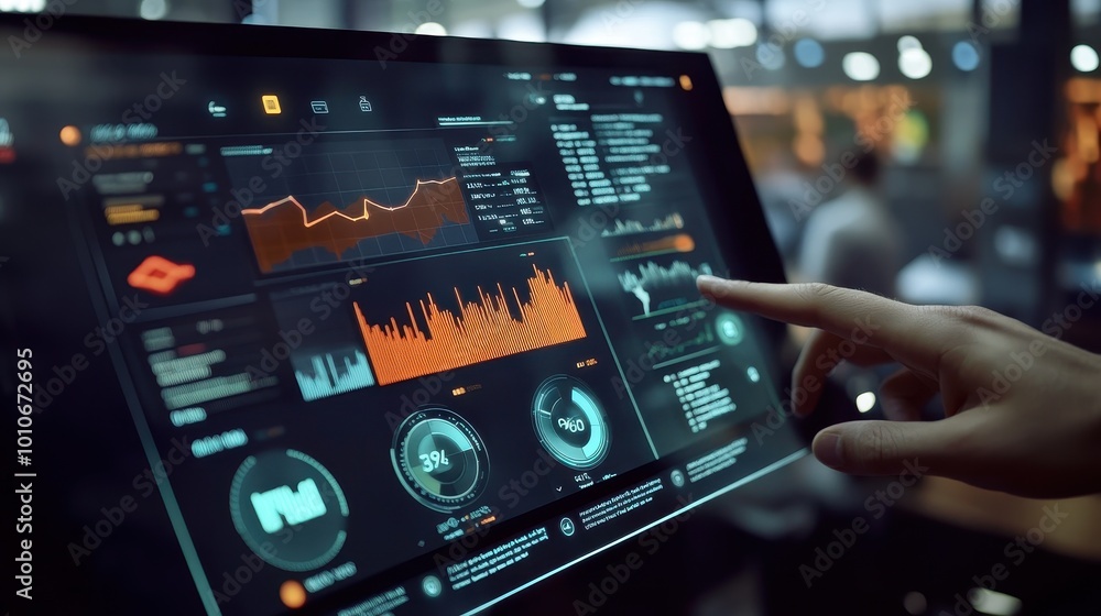 Poster analyzing financial data on a digital dashboard