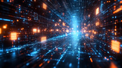 Obraz premium Digital Data Flow with Glowing Blue and Orange Lights Generative AI