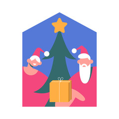 Santa Girl and Boy delivering presents from home with delivery service. Flat vector illustration in cartoon style.