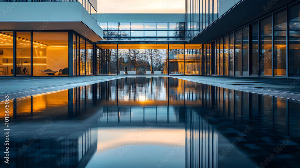 Poster modern architecture reflection in water pool