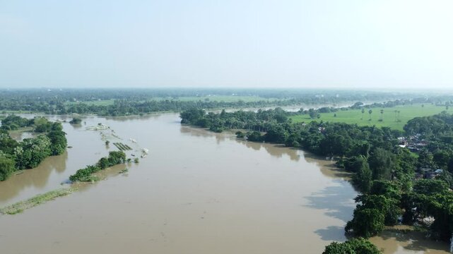 Ariel view shot of West Bengal flood by river Damodar and Mundeshwari in rainy season.