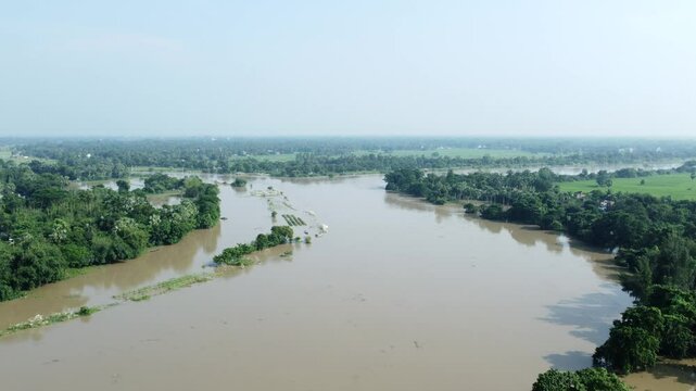 Ariel view shot of West Bengal flood by river Damodar and Mundeshwari in rainy season.