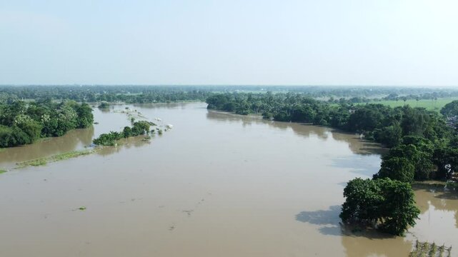 Ariel view shot of West Bengal flood by river Damodar and Mundeshwari in rainy season.