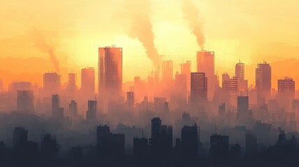Fototapeta premium Urban Landscape with Sunset and Smoke Effects