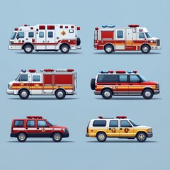 Fire Truck  Ambulance  Rescue Vehicle Set  Emergency Service  Firefighter  Vector Illustration