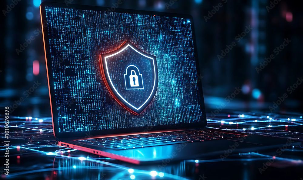 Poster bright view of a laptop screen displaying a shield and lock icon representing cybersecurity on a dig