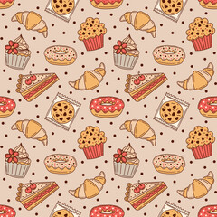 Bakery pastries and desserts on light brown vector seamless pattern design.