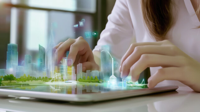 Architect manipulates a digital 3D model of the city using augmented reality technology.Modern futuristic banner for technological projects