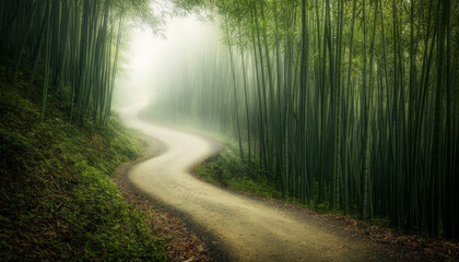 Naklejka premium A winding path through a misty bamboo forest, inviting exploration and tranquility.