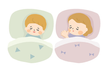 ベッドで眠っている小さな子供たちのイラスト