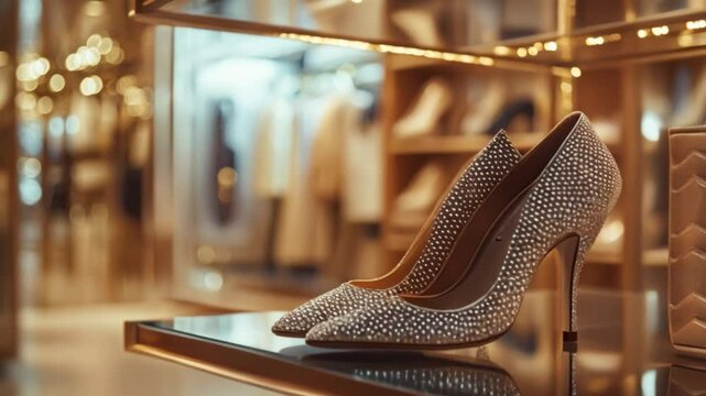 A pair of high heels and a matching designer handbag sit on a marble table outside a luxury shop, highlighting the exquisite craftsmanship.
