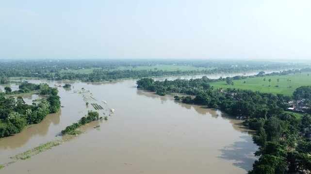 Ariel view shot of West Bengal flood by river Damodar and Mundeshwari in rainy season.