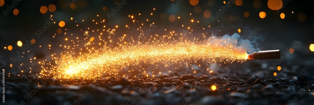 Poster Explosive burst of bright fiery sparks and luminous glowing particles erupting against a dark abstract background with a dynamic and energetic display of powerful ignition and combustion.