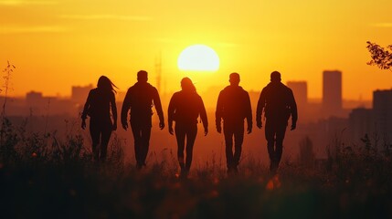 Fototapeta premium Silhouetted Group of Five Walking Towards Camera in Heroic Formation Against a Blurry Cityscape Backdrop with a Vibrant Sunset. Symbolizing Unity, Power, and Mystery in a Dynamic Urban Setting.