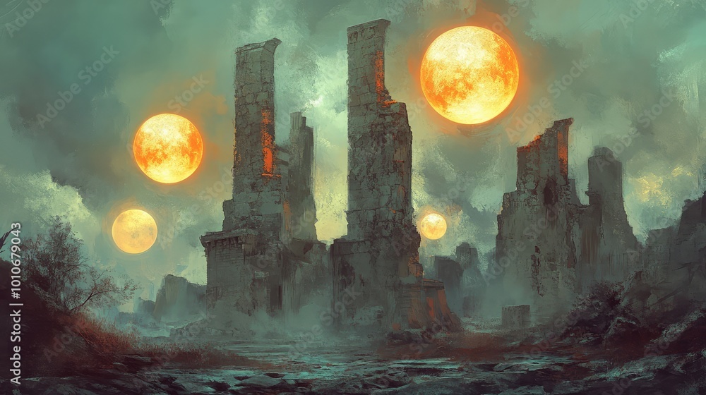 Poster glowing orbs float symmetrically around a decayed ancient monument, their light casting eerie reflec