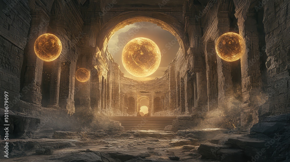 Poster glowing orbs float symmetrically around a decayed ancient monument, their light casting eerie reflec