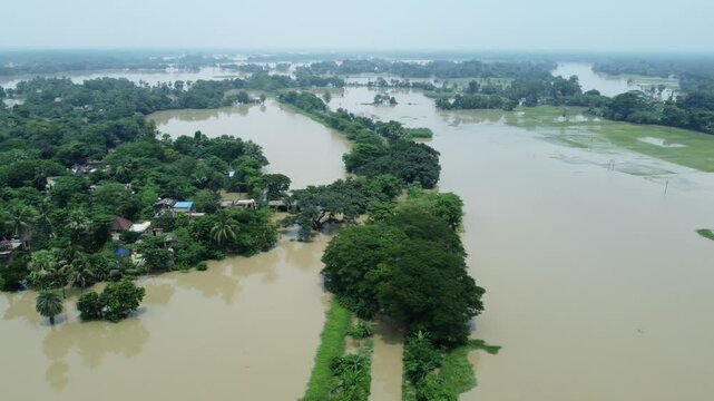 Ariel view shot of West Bengal flood by river Damodar and Mundeshwari in rainy season.