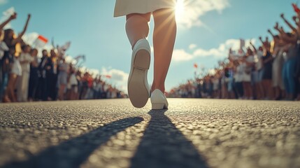 Determined Businesswoman Walking Down a Long Straight Road, Close-up of Her Feet, Surrounded by a Cheering Crowd on the Roadside with Bright Sun Flare Overhead. 