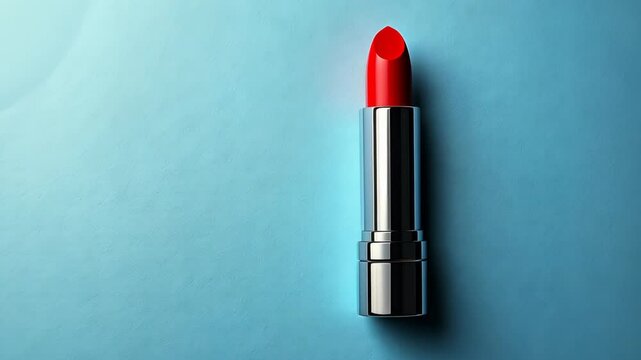 A silver lipstick with a red bullet sits on a blue background