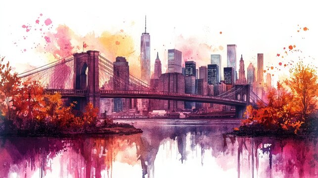 Watercolor Brooklyn Bridge NYC Skyline with Autumn Trees