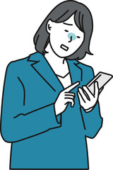 スマホを見て落ち込むスーツの女性のシンプルイラスト
