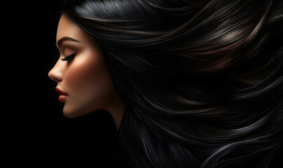 A beautiful woman with long black hair, flowing black hair that is shiny and smooth, a black background, Conceptadvertisement for a hair salon or spa, Generative AI