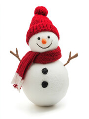 Cute snowman standing with a red toque and scarf, isolated, white background