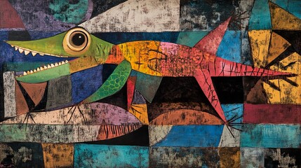Obraz premium Abstract Cubist Lizard Painting: Colorful Geometric Wildlife Art