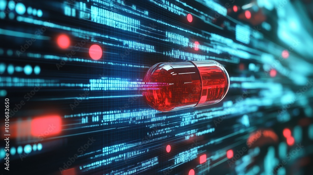 Poster futuristic data visualization with glowing red capsule