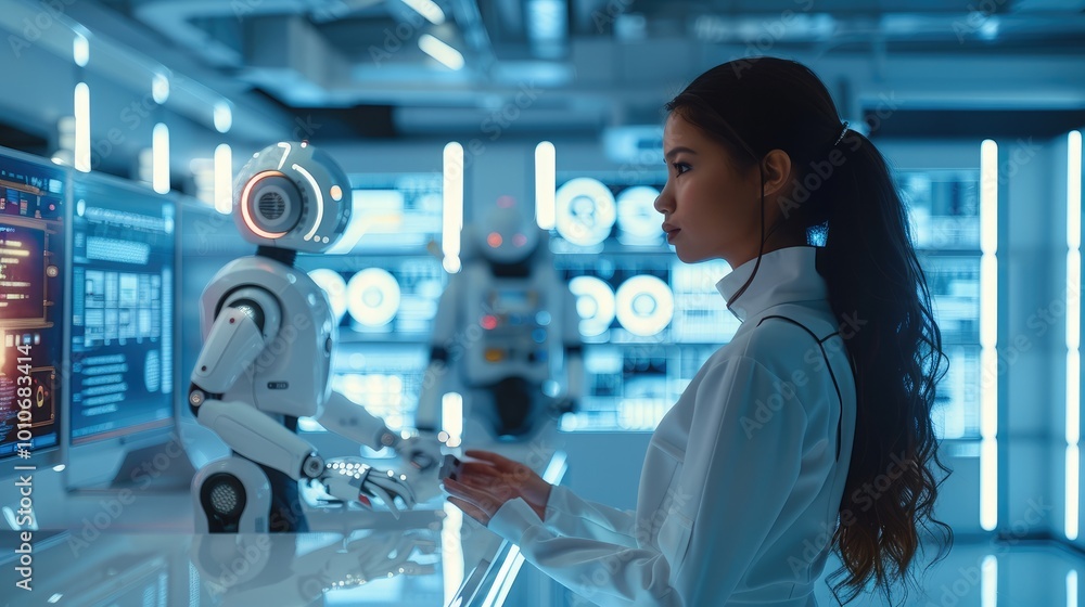 Poster A lively, futuristic school lab, where students and teachers are working together on AI-powered projects. robot assist in coding.
