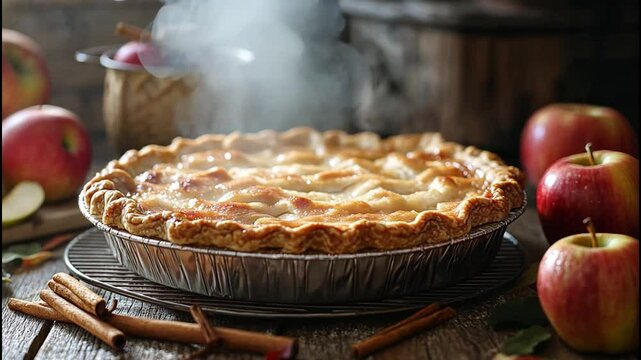 A freshly baked apple pie with steam rising from the flaky crust. The pie sits on a rustic kitchen table.
