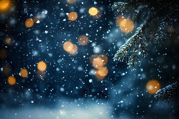 Mesmerizing snowfall illuminated against a dark background, creating a magical winter atmosphere with swirling flakes and ethereal bokeh effects.
