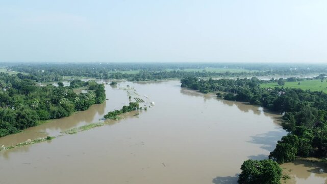 Ariel view shot of West Bengal flood by river Damodar and Mundeshwari in rainy season.