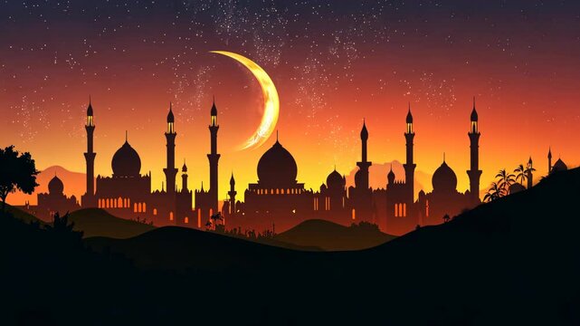 A crescent moon hangs in the sky above a city skyline with a collection of mosques, under an orange and purple sunset