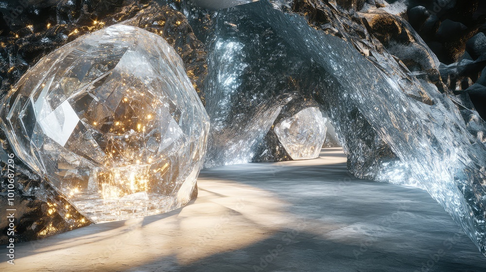 Poster a network of clear glass tunnels winds through a vast cave full of sparkling diamonds, the gems crea