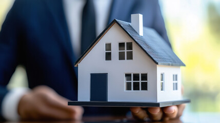 Real estate agent holding house model in hand. Concept of buying and selling. Business investment and finance. Salesman planning property sale. Mortgage and agreement for new home ownership.