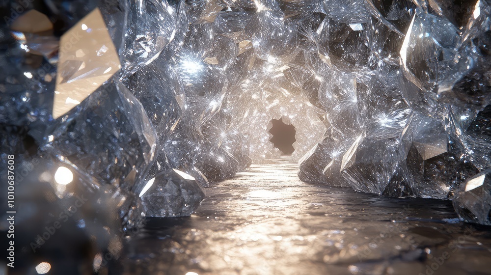 Poster a network of clear glass tunnels winds through a vast cave full of sparkling diamonds, the gems crea