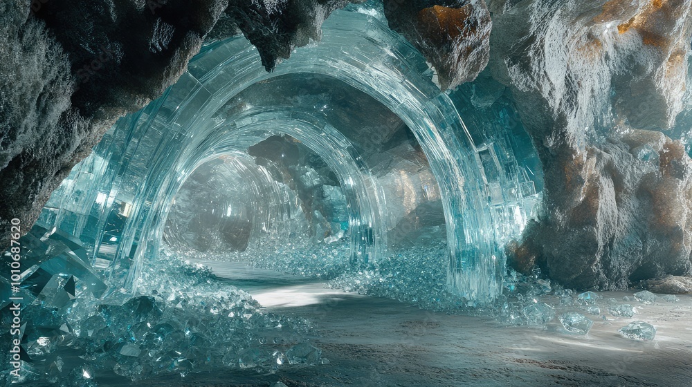 Poster a network of clear glass tunnels winds through a vast cave full of sparkling diamonds, the gems crea