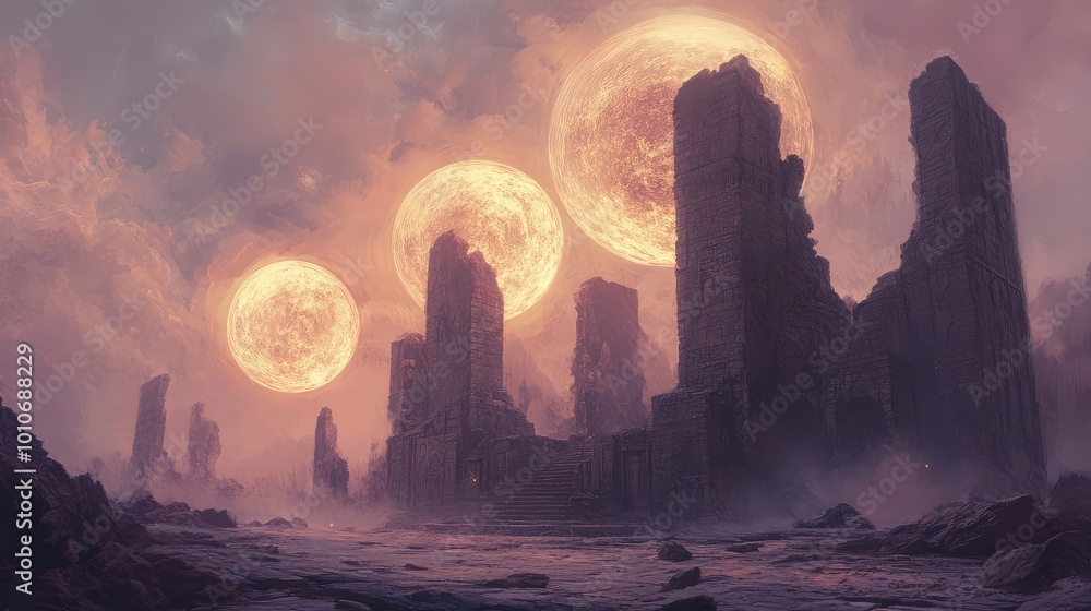 Poster large, glowing orbs float in symmetrical formation around a crumbling ancient monument, casting soft