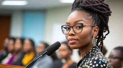 Confident speaker addressing an engaged audience