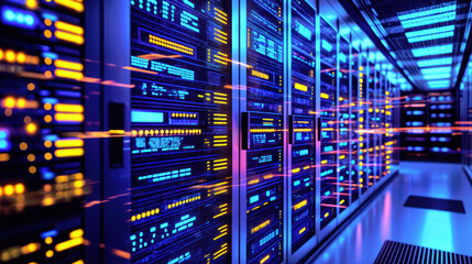Naklejka premium Server room data center with many rows storage. Modern computing infrastructure. Large and hardware database hosting, cloud technology, and internet security in futuristic corridor.