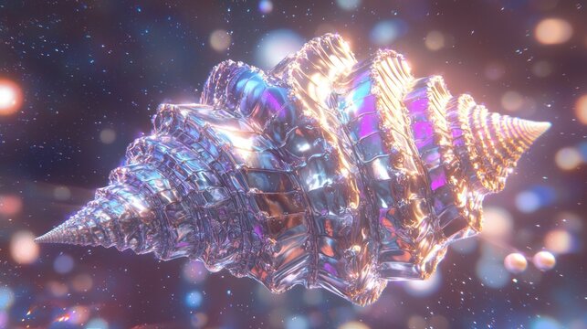 Hyperealistic 3D Render of Advanced Alien Seashell Spaceship with Iridescent Colors and Glowing Orbs in Starry Galaxy Background