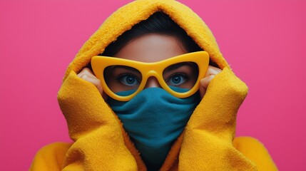 Fototapeta premium Woman wearing a yellow hoodie and yellow glasses. She is wearing a blue mask