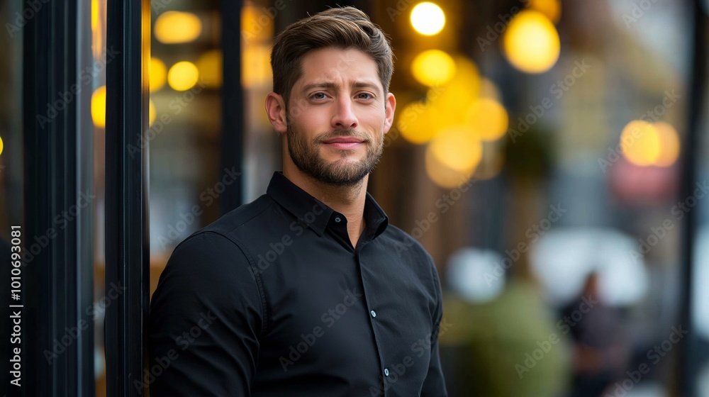 Poster man in a black shirt stands in front of a window. he is smiling and looking at the camera