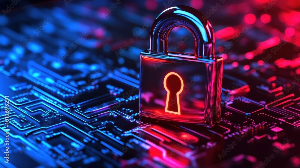 Poster cyber security and digital privacy concept with padlock on circuit board